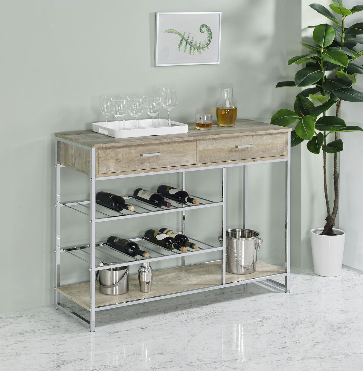 Melrose Gray Washed Oak and Chrome 2-shelf Wine Cabinet with 2 Drawers by Coaster at Eve Furniture