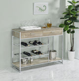 Melrose Gray Washed Oak and Chrome 2-shelf Wine Cabinet with 2 Drawers by Coaster at Eve Furniture