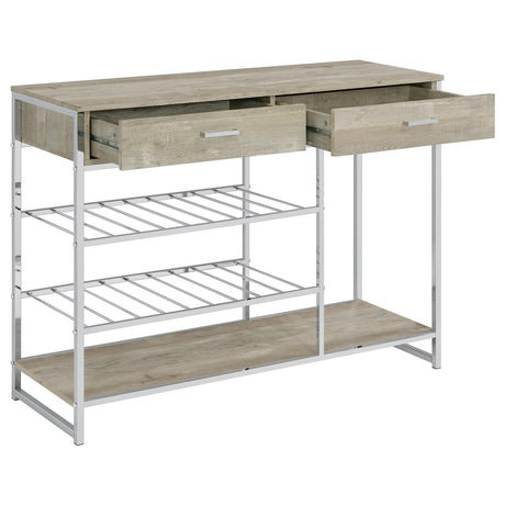 Melrose Gray Washed Oak and Chrome 2-shelf Wine Cabinet with 2 Drawers by Coaster at Eve Furniture
