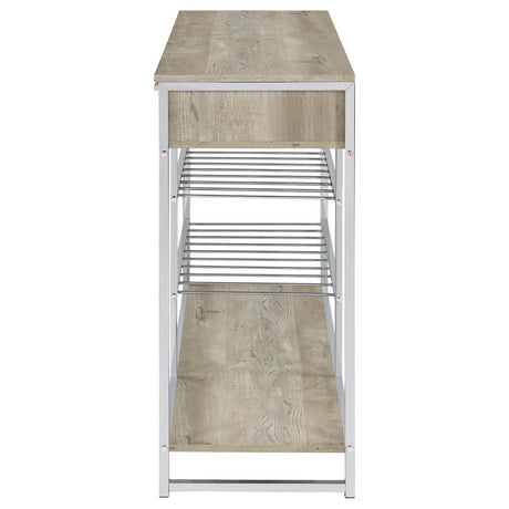 Melrose Gray Washed Oak and Chrome 2-shelf Wine Cabinet with 2 Drawers by Coaster at Eve Furniture