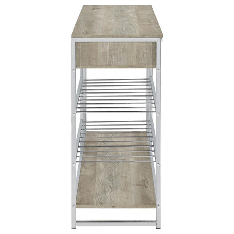 Melrose Gray Washed Oak and Chrome 2-shelf Wine Cabinet with 2 Drawers by Coaster at Eve Furniture