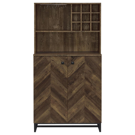 Mendoza Rustic Oak Herringbone/Gunmetal 2-Door Wine Cabinet by Coaster at Eve Furniture