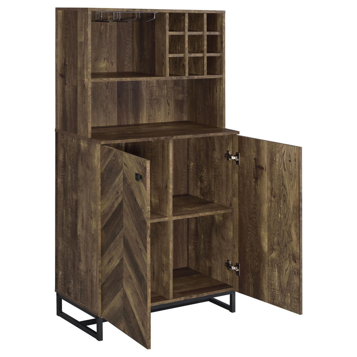 Mendoza Rustic Oak Herringbone/Gunmetal 2-Door Wine Cabinet by Coaster at Eve Furniture