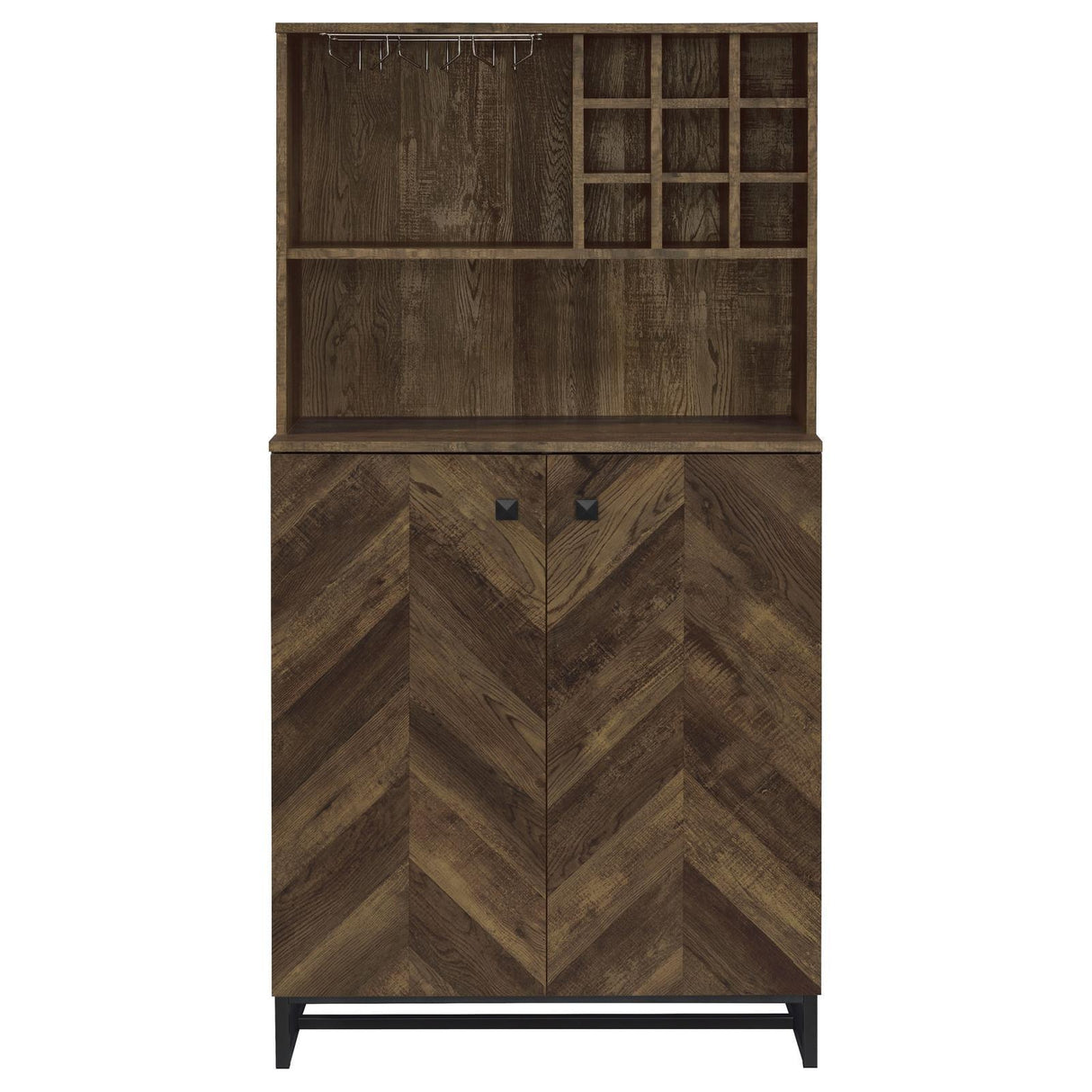 Mendoza Rustic Oak Herringbone/Gunmetal 2-Door Wine Cabinet by Coaster at Eve Furniture