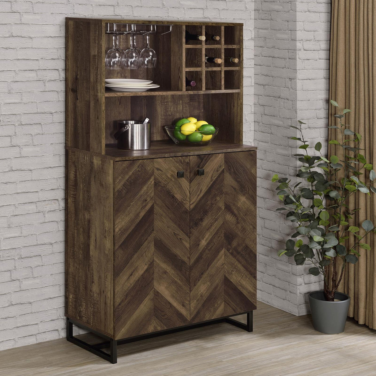 Mendoza Rustic Oak Herringbone/Gunmetal 2-Door Wine Cabinet by Coaster at Eve Furniture