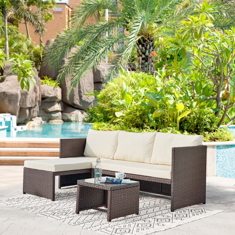 Menton Patio 2-Seater and Lounge Chair with Coffee Table with Cream Cushions by Manhattan Comfort at Eve Furniture