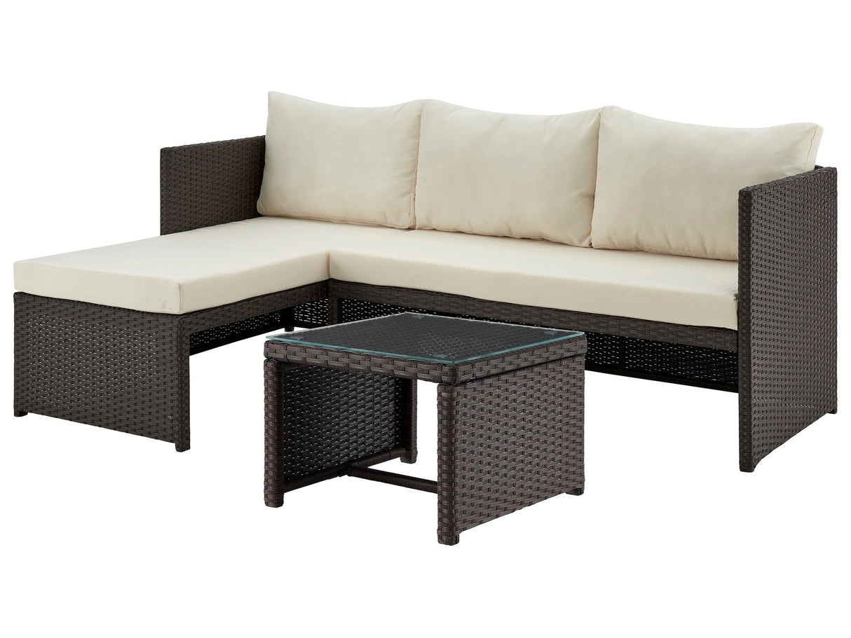 Menton Patio 2-Seater and Lounge Chair with Coffee Table with Cream Cushions by Manhattan Comfort at Eve Furniture