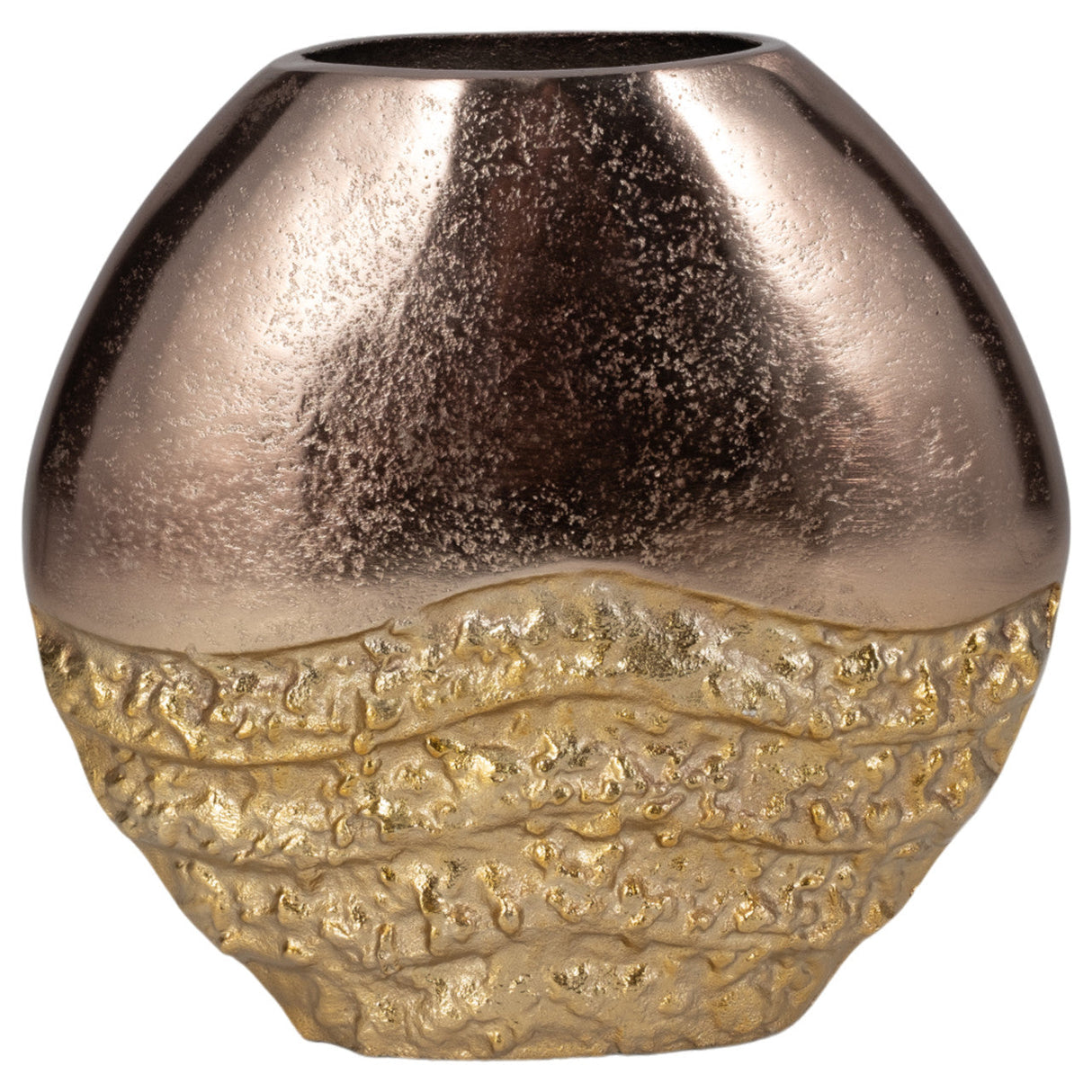 Metal, 10" Ridged Round Vase, Black/gold