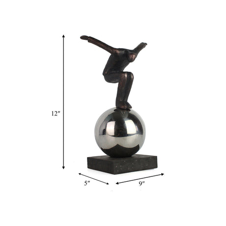 Metal 12" Balancing Man On Sphere, Bronze