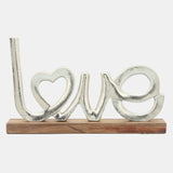 Metal, 16" Love On Wood Base, Silver