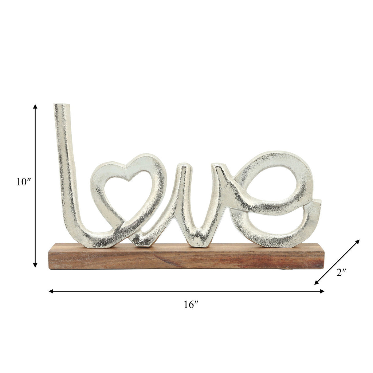 Metal, 16" Love On Wood Base, Silver