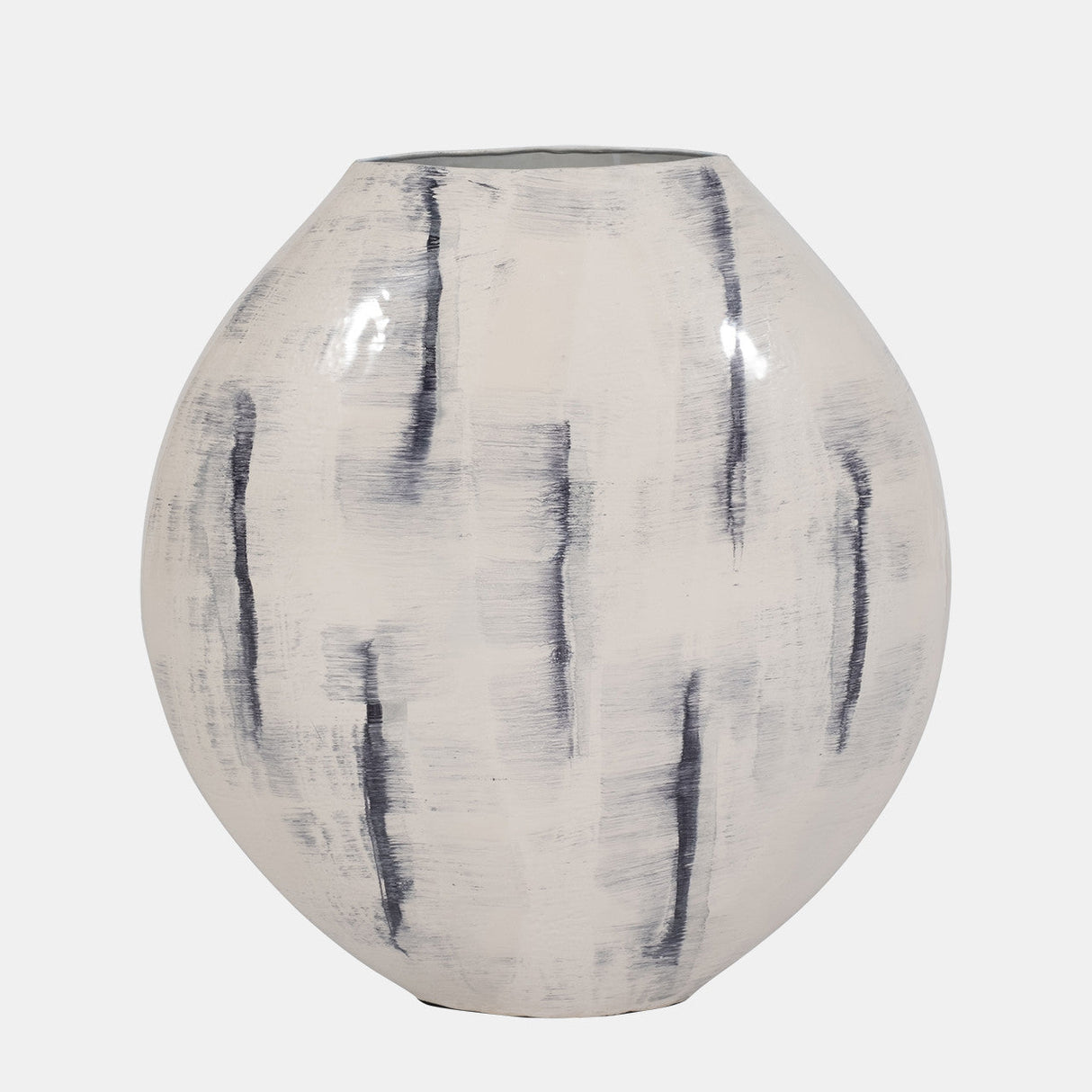 Metal, 20" Enameled Round Vase, Distressed White