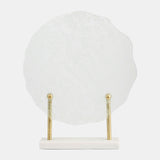 Metal,21"h,speckled Glass Disc On Marble Stand,whi