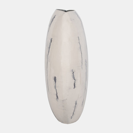 Metal, 33" Enameled Round Vase, Distressed White