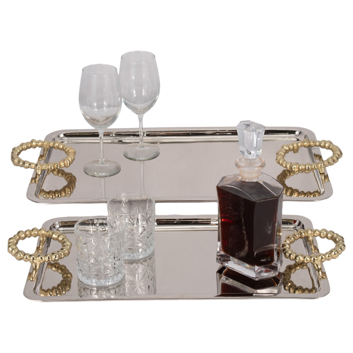 Metal, S/2 23/28" Trays With Beaded Handles,silver