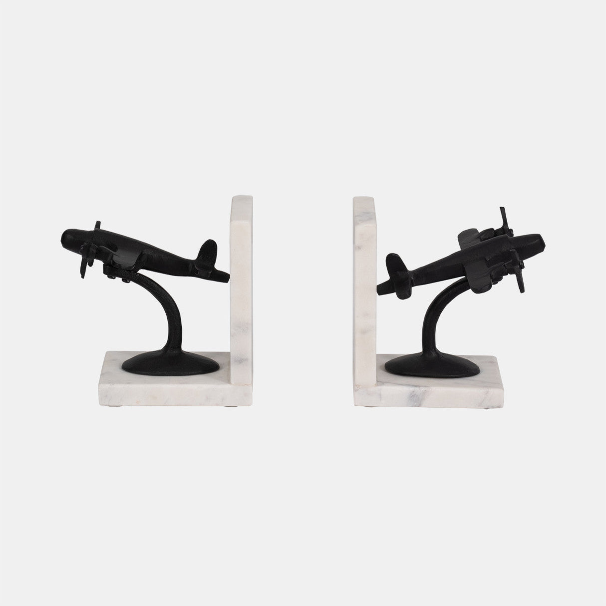 Metal, S/2 6" Airplane Bookends On Marble, Blk/wht