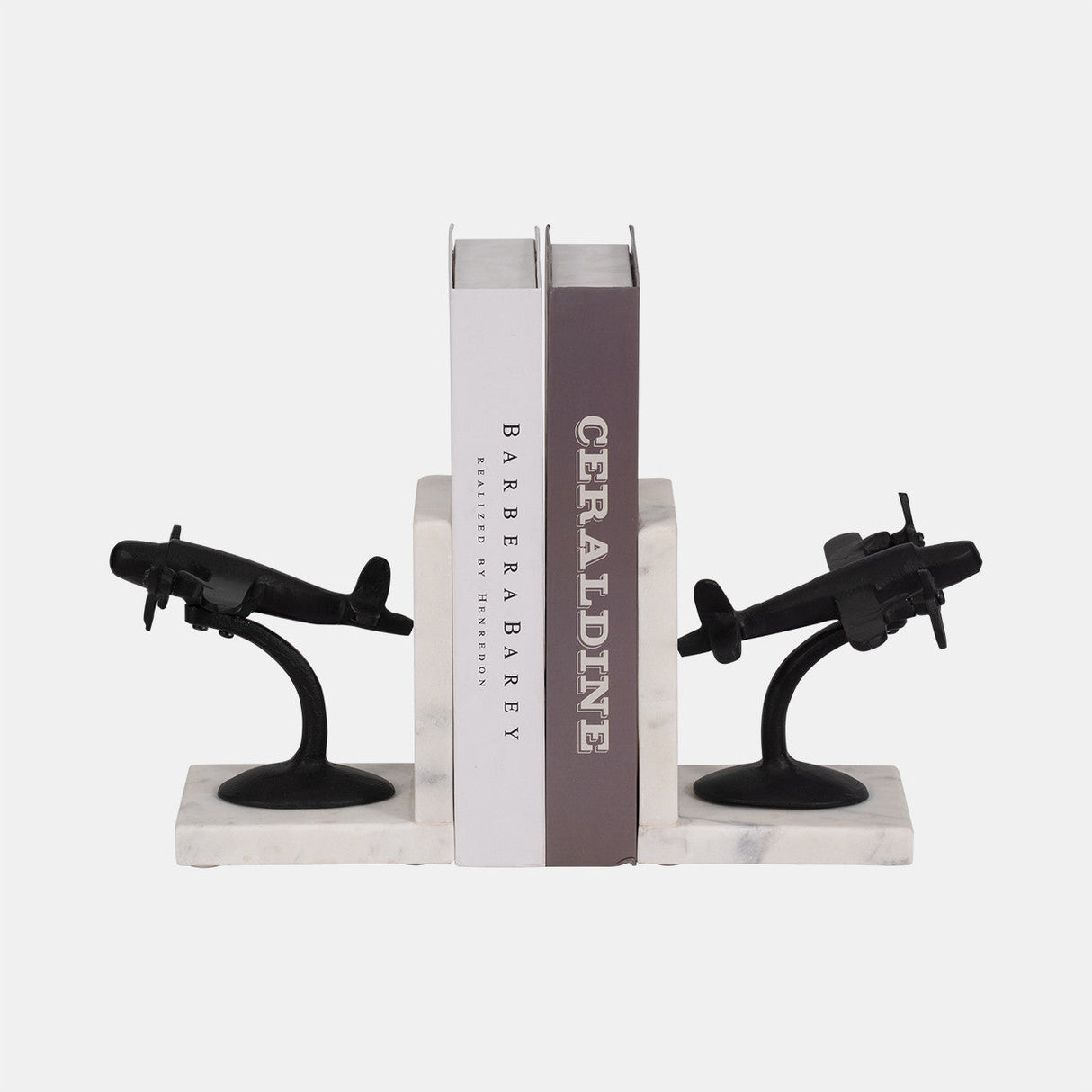 Metal, S/2 6" Airplane Bookends On Marble, Blk/wht