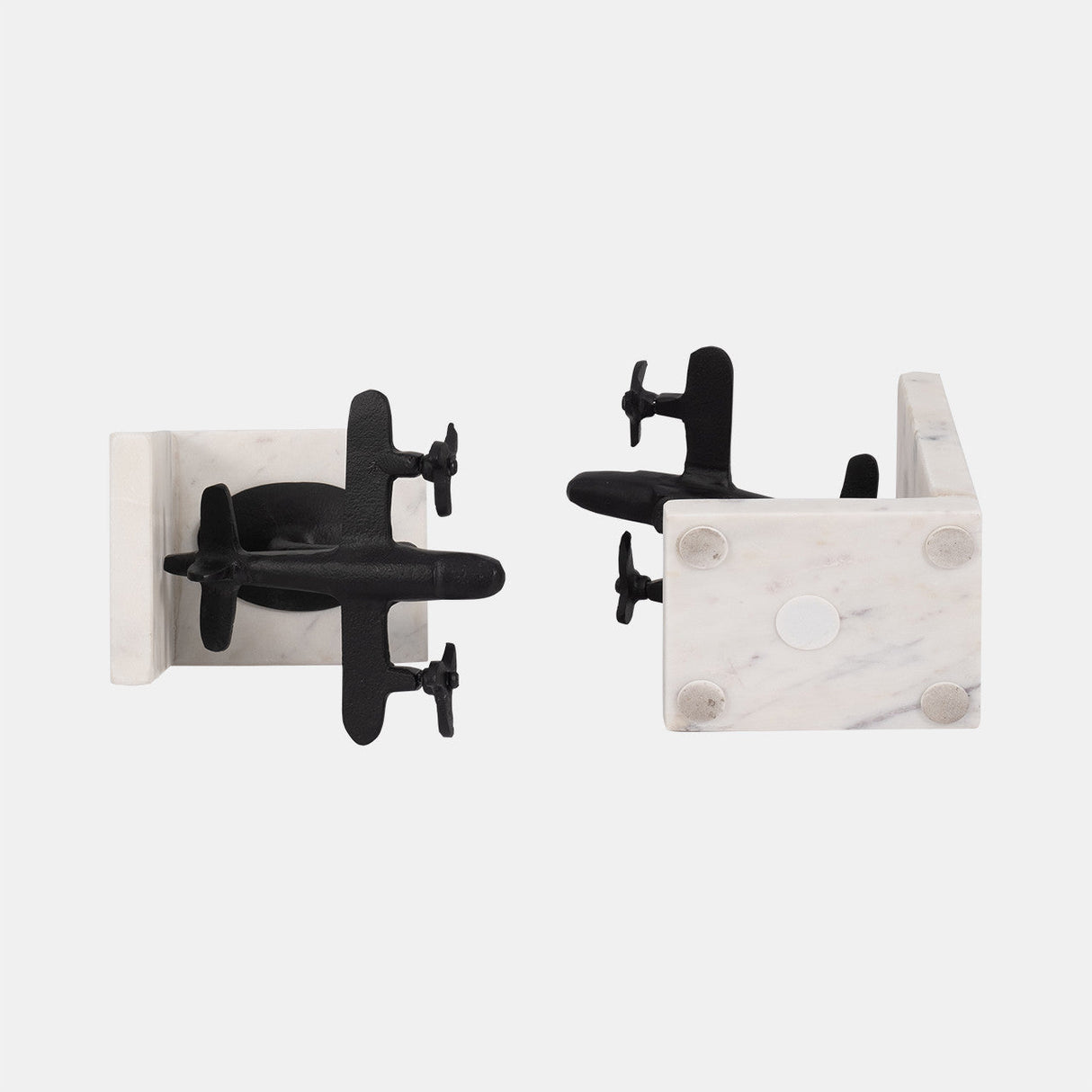 Metal, S/2 6" Airplane Bookends On Marble, Blk/wht