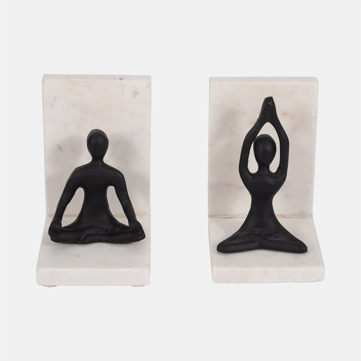 Metal, S/2 6" Yoga Ladies Bookends On Marble, Blk/