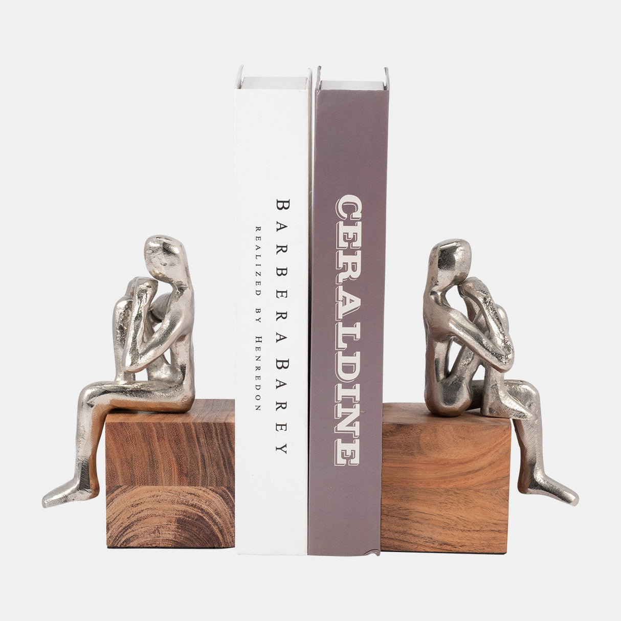 Metal, S/2 7" Thinking Man Bookend Wood Base, Silv