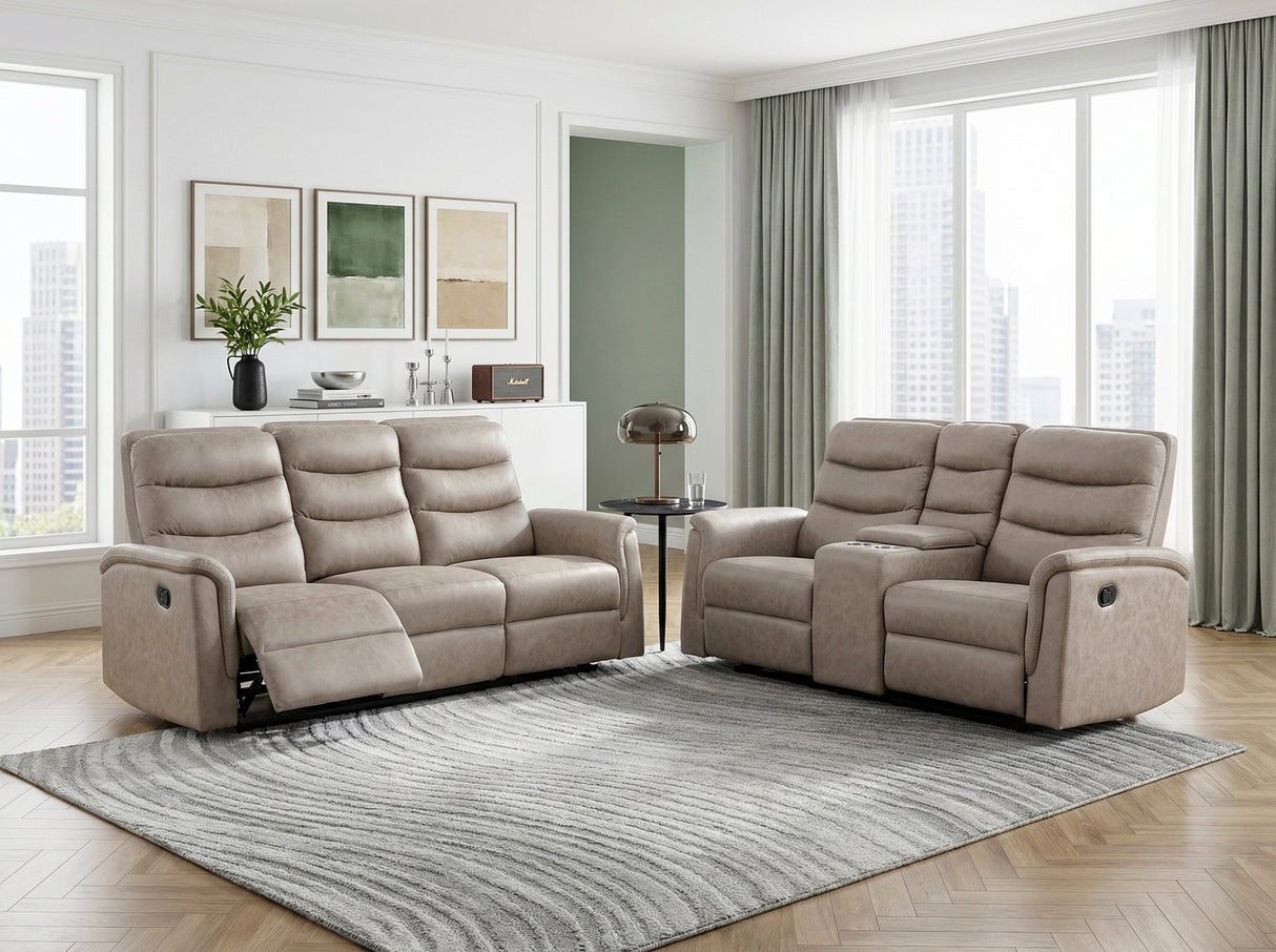 Metric Taupe Double Reclining Sofa with Drop-down Cup Holders by Homelegance at Eve Furniture