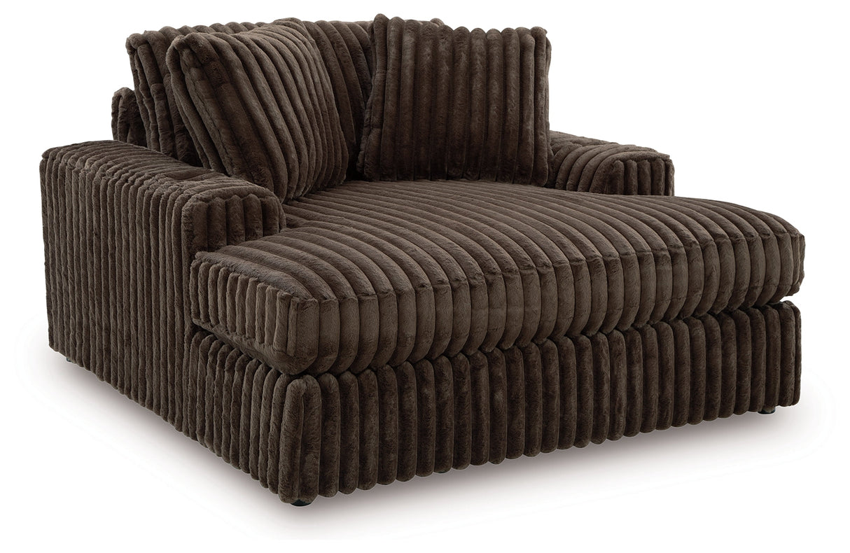 Midnight-Madness Chocolate Loveseat, Oversized Chaise and Ottoman by Ashley at Eve Furniture