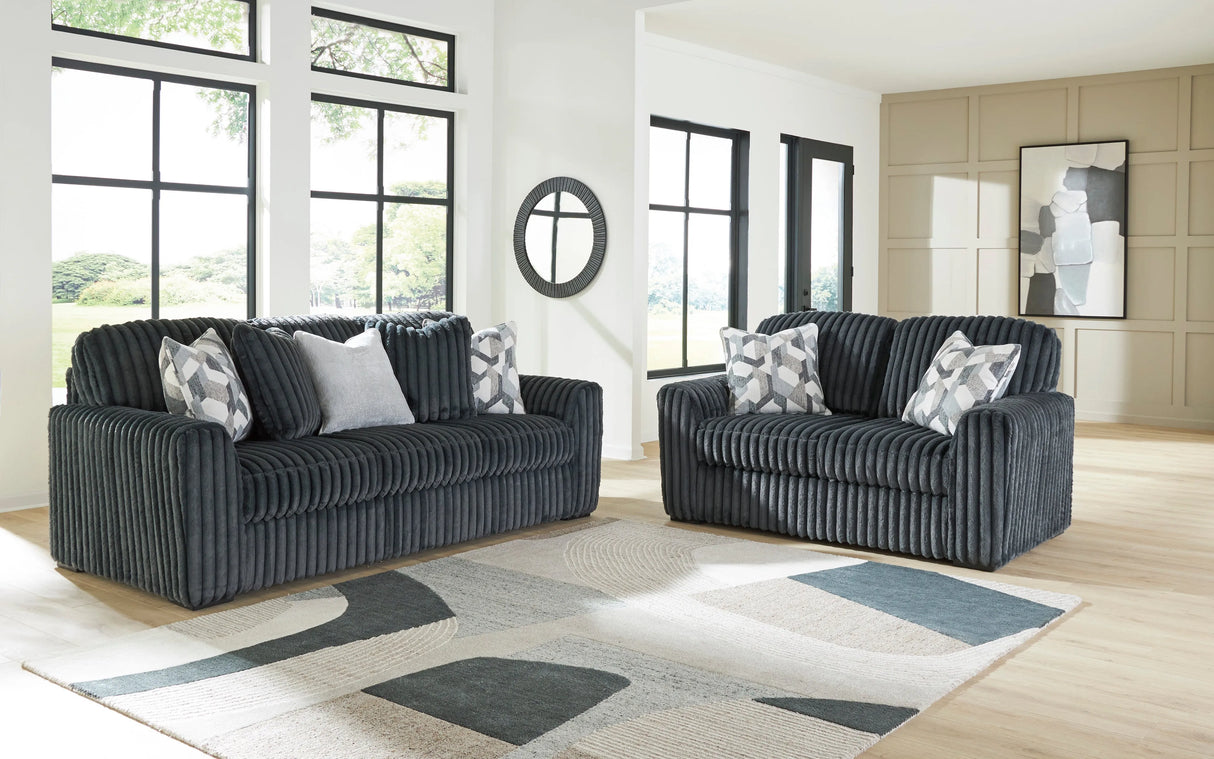 Midnight-Madness Gunmetal Loveseat by Ashley at Eve Furniture