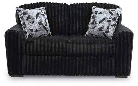 Midnight-Madness Onyx Sofa, Loveseat and Oversized Ottoman by Ashley at Eve Furniture