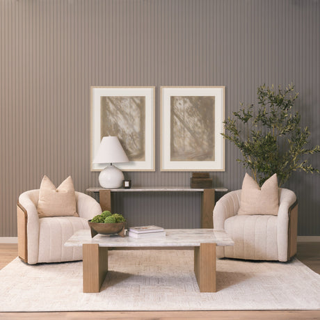 Milos Pink Marble Top w/ Light Brown Oak Wood Coffee Table by Mercana at Eve Furniture
