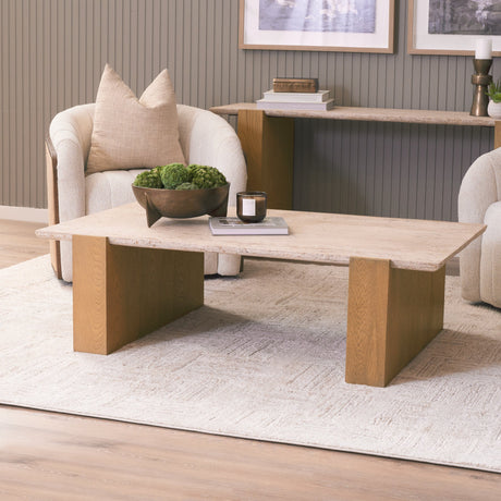 Milos Travertine Top w/ Light Brown Oak Wood Coffee Table by Mercana at Eve Furniture