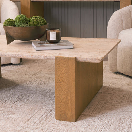 Milos Travertine Top w/ Light Brown Oak Wood Coffee Table by Mercana at Eve Furniture