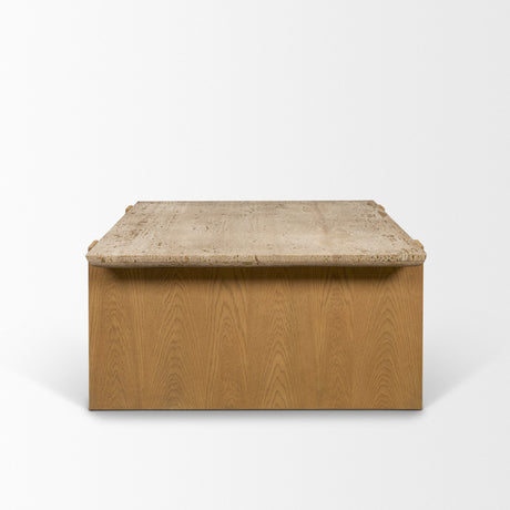 Milos Travertine Top w/ Light Brown Oak Wood Coffee Table by Mercana at Eve Furniture