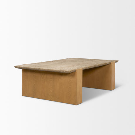 Milos Travertine Top w/ Light Brown Oak Wood Coffee Table by Mercana at Eve Furniture