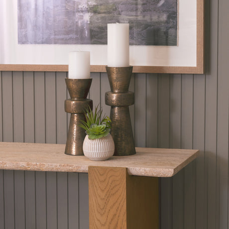 Milos Travertine Top w/ Light Brown Oak Wood Console Table by Mercana at Eve Furniture