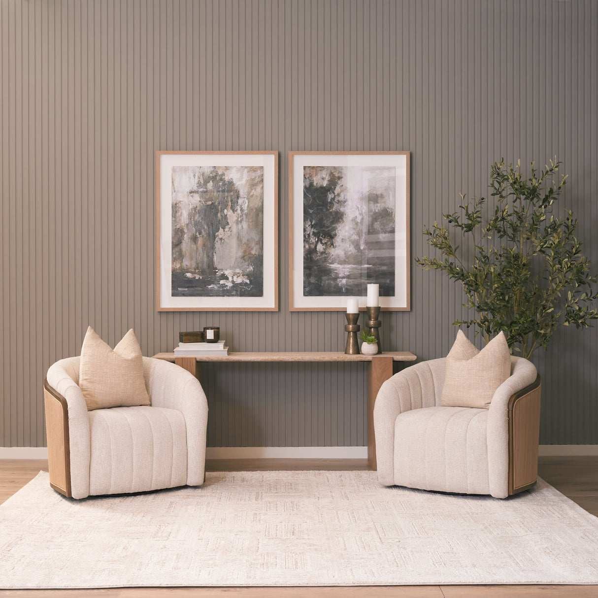 Milos Travertine Top w/ Light Brown Oak Wood Console Table by Mercana at Eve Furniture