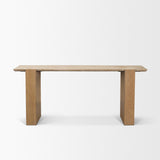 Milos Travertine Top w/ Light Brown Oak Wood Console Table by Mercana at Eve Furniture