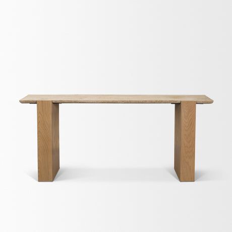 Milos Travertine Top w/ Light Brown Oak Wood Console Table by Mercana at Eve Furniture