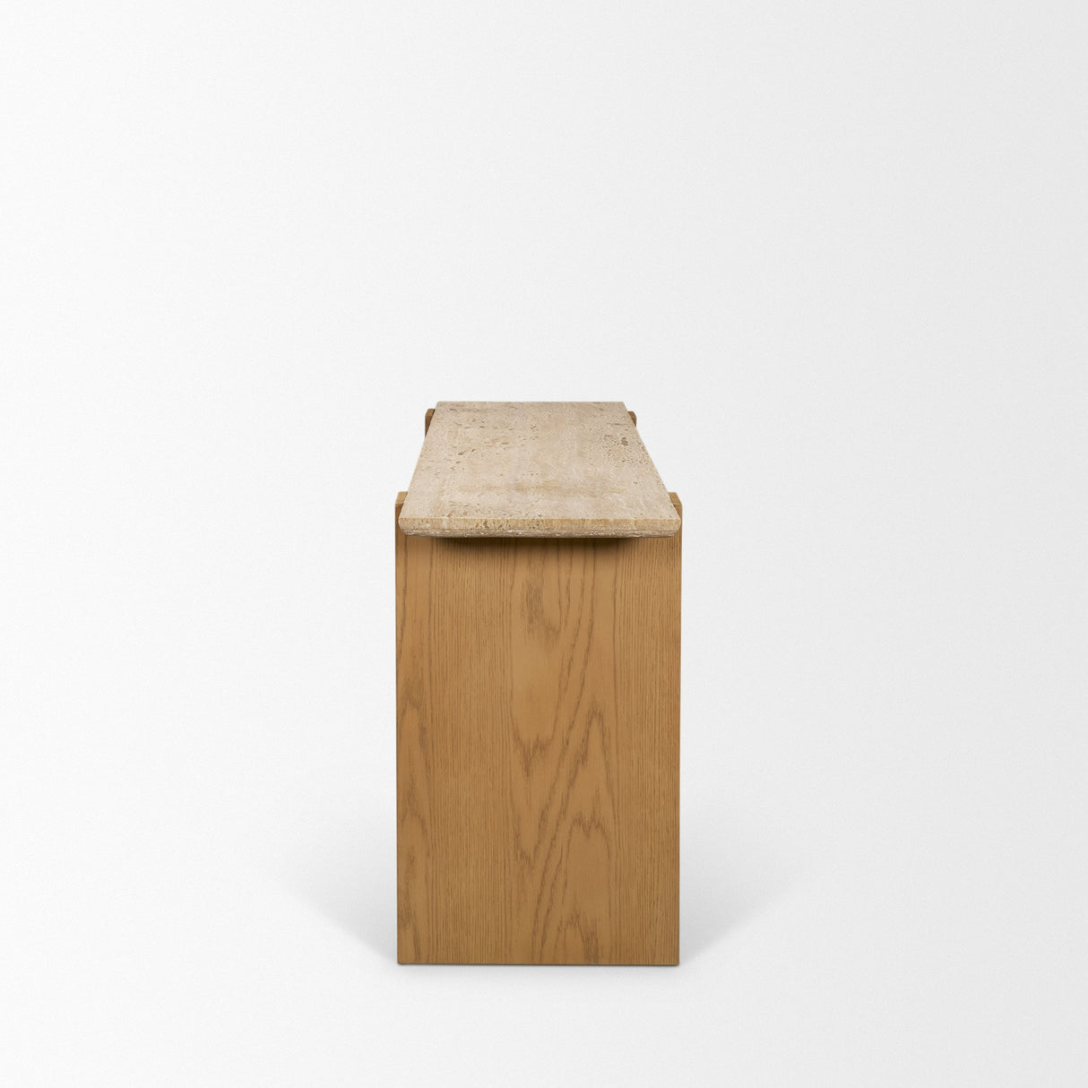 Milos Travertine Top w/ Light Brown Oak Wood Console Table by Mercana at Eve Furniture