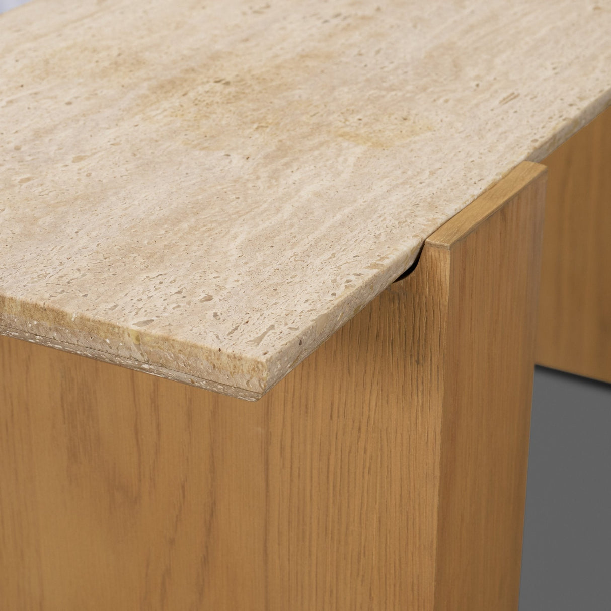 Milos Travertine Top w/ Light Brown Oak Wood Console Table by Mercana at Eve Furniture