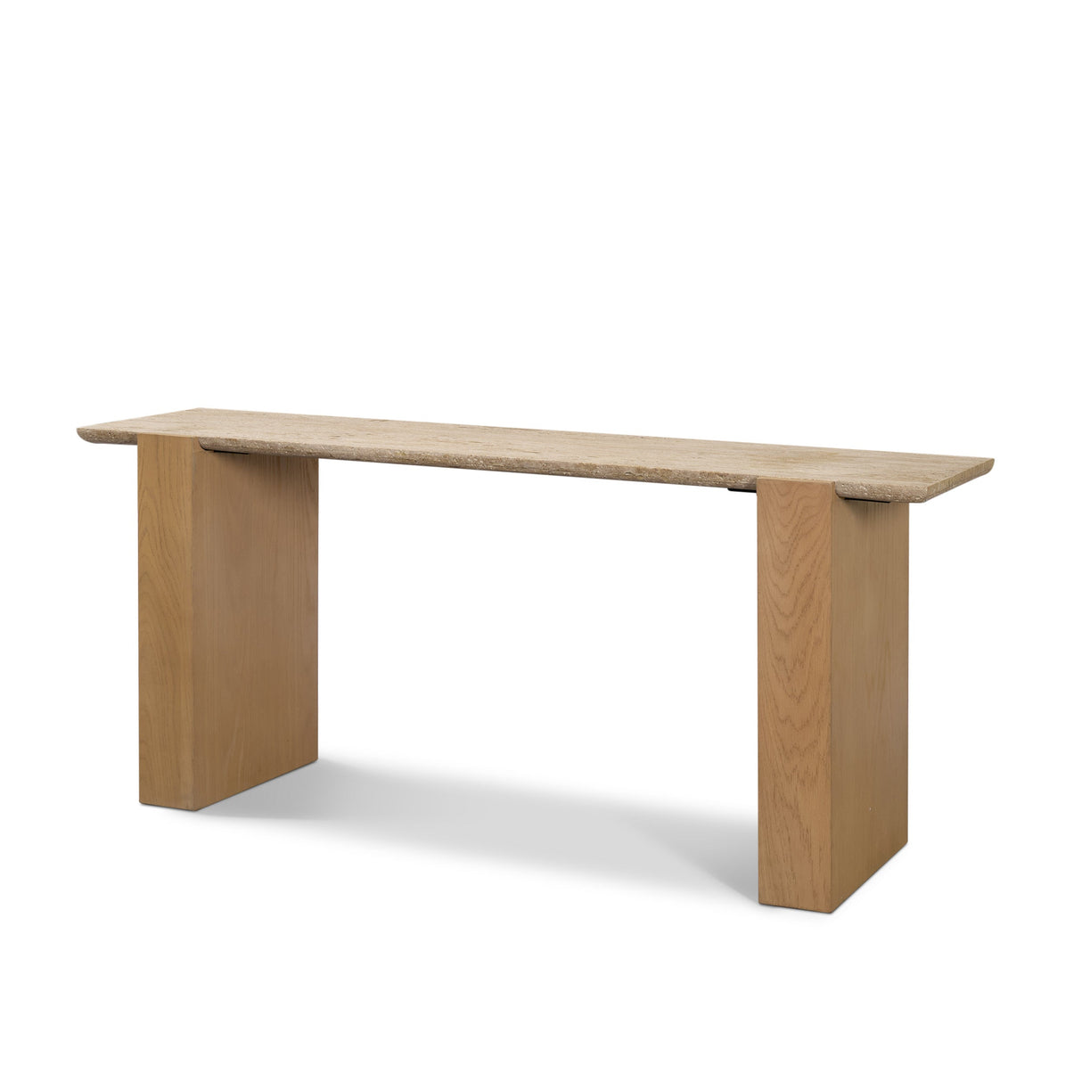 Milos Travertine Top w/ Light Brown Oak Wood Console Table by Mercana at Eve Furniture