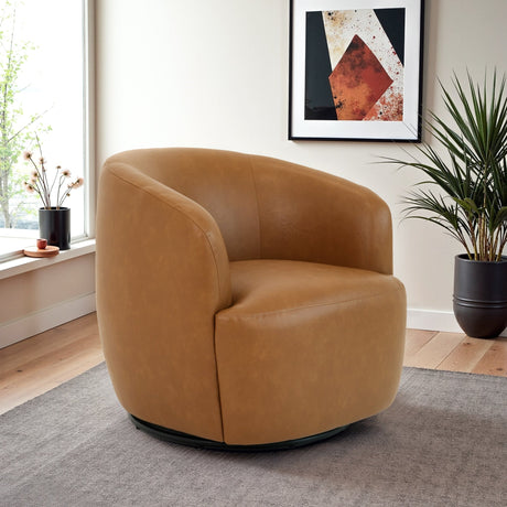 Mina 32" W Tan Vegan Leather Upholstered Swivel Barrel Chair by Ashcroft Furniture at Eve Furniture