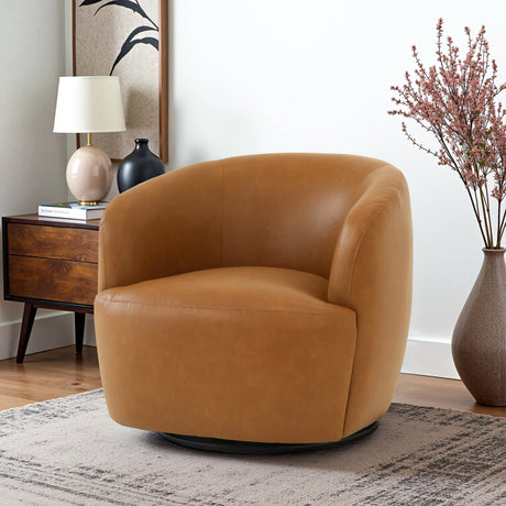 Mina 32" W Tan Vegan Leather Upholstered Swivel Barrel Chair by Ashcroft Furniture at Eve Furniture
