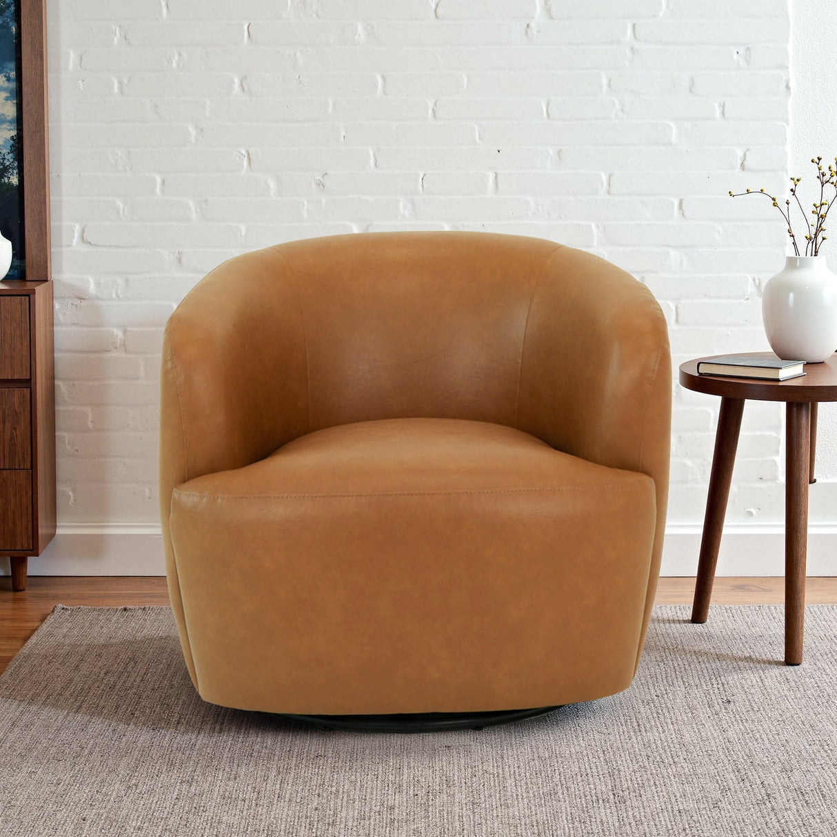 Mina 32" W Tan Vegan Leather Upholstered Swivel Barrel Chair by Ashcroft Imports at Eve Furniture