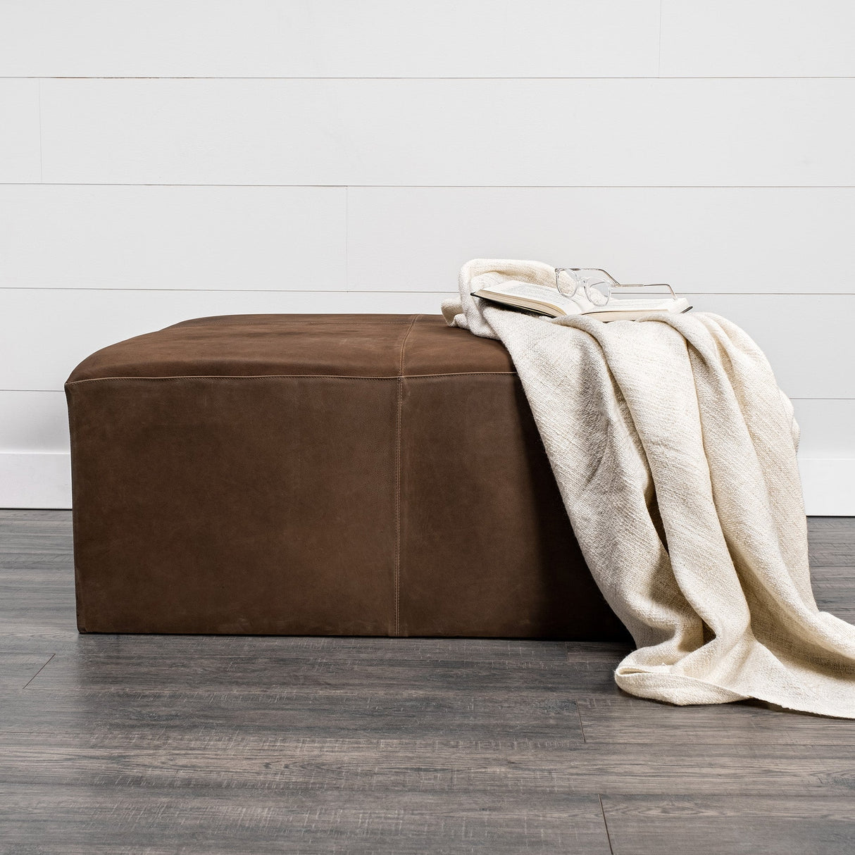 Minara 36" Square Brown Leather Wrapped w/Wood Base Ottoman by Mercana at Eve Furniture