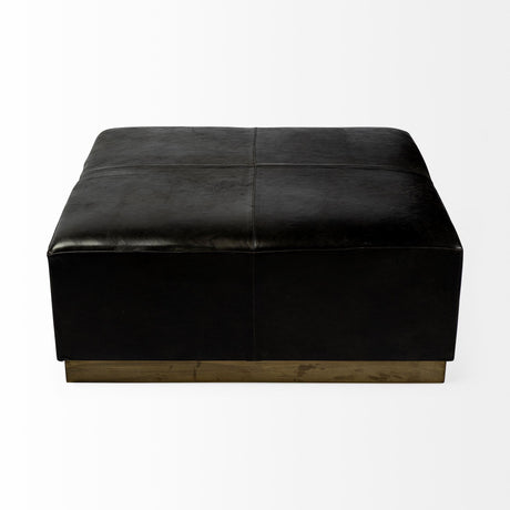 Minara Square Black Leather Wrapped w/Metal Base Ottoman by Mercana at Eve Furniture