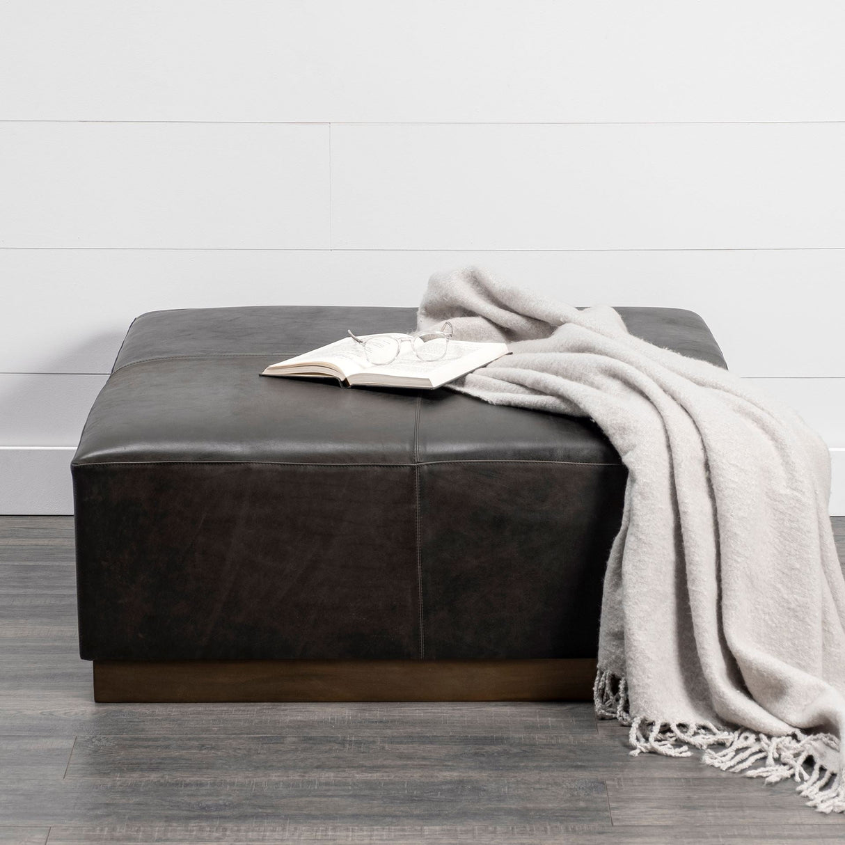 Minara Square Black Leather Wrapped w/Metal Base Ottoman by Mercana at Eve Furniture
