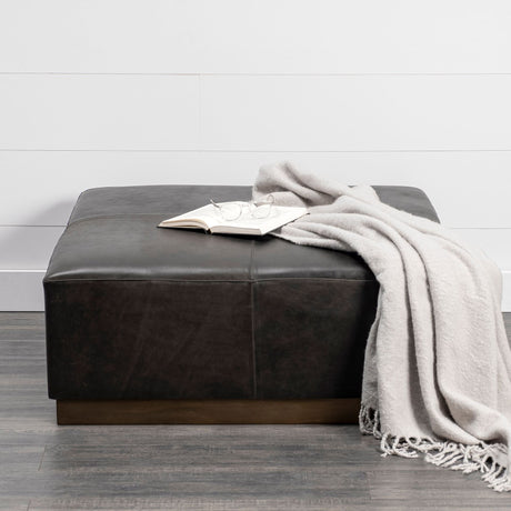 Minara Square Black Leather Wrapped w/Metal Base Ottoman by Mercana at Eve Furniture