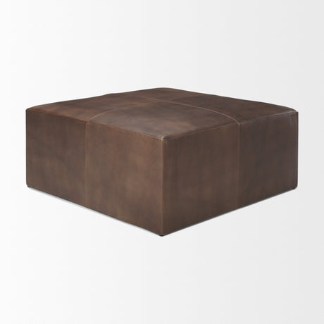 Minara Square Brown Leather Wrapped w/Wood Base Ottoman by Mercana at Eve Furniture