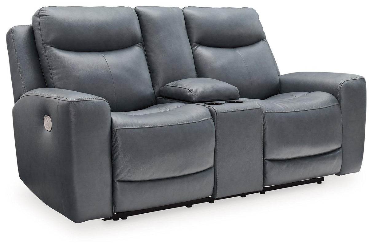 Mindanao Steel Dual Power Leather Reclining Loveseat with Console by Ashley at Eve Furniture