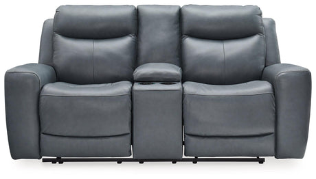 Mindanao Steel Dual Power Leather Reclining Loveseat with Console by Ashley at Eve Furniture